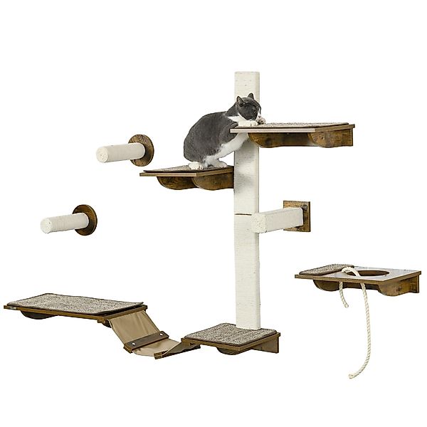PawHut Katzen-Kletterwand Katzenwandmöbel mit Kratzbäumen, Sitzstangen, günstig online kaufen