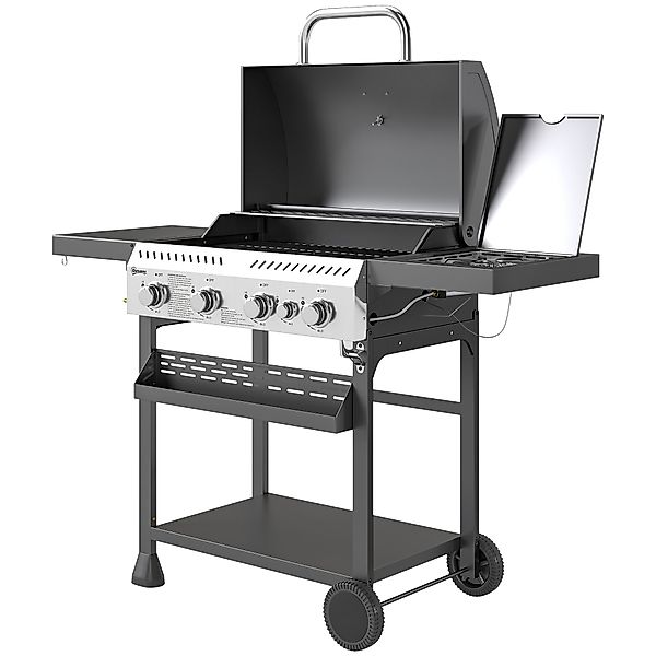 Outsunny Gasgrill 12 KW 4+1 Brenner BBQ Grillwagen aus Edelstahl inkl Seite günstig online kaufen