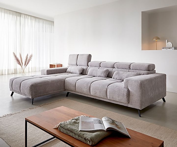 Ecksofa Ordino 285x200 Cord Silbergrau Ottomane links elektrische Sitztiefe günstig online kaufen