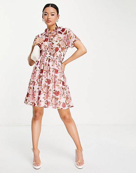 NA-KD – Hängerkleid in Rosa geblümt mit Rüschen-Mehrfarbig günstig online kaufen