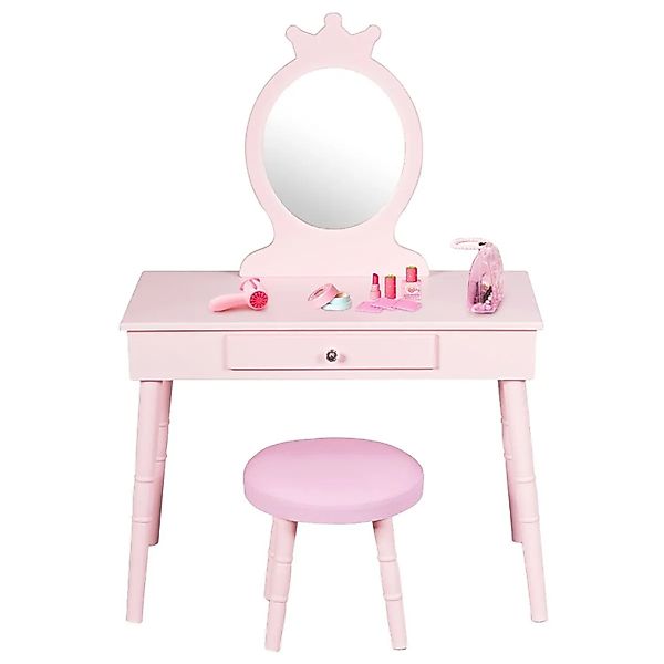 Costway 2 In 1 Kinder Schminktisch mit Spiegel & Hocker Rosa günstig online kaufen