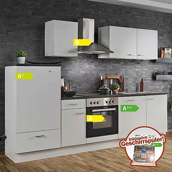 Küchezeile mit Geräten Weiss 270 cm inklusive Geschirrspüler E-Geräte Einba günstig online kaufen