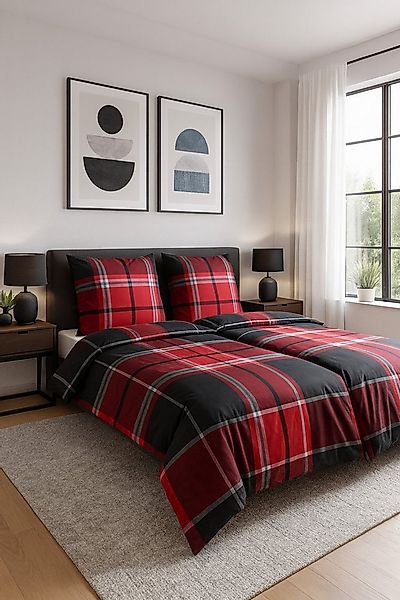 Casa Colori Bettwäsche Biber Bettwäsche 135x200 Anthrazit Grau Rot kariert, günstig online kaufen