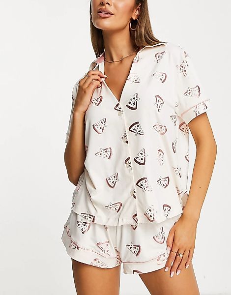 Chelsea Peers – Kurzer Pyjama in Cremeweiß mit Pizza-Folienprints und Knopf günstig online kaufen