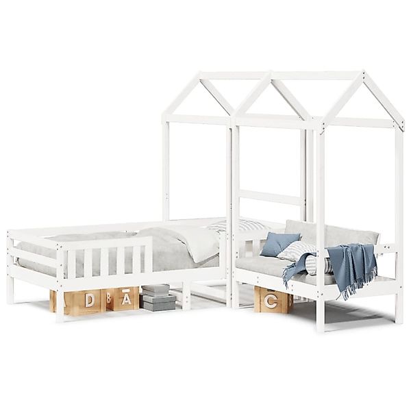 vidaXL Massivholzbett und Bank mit Dach Weiß 100x200 cm Kiefernholz 3282172 günstig online kaufen