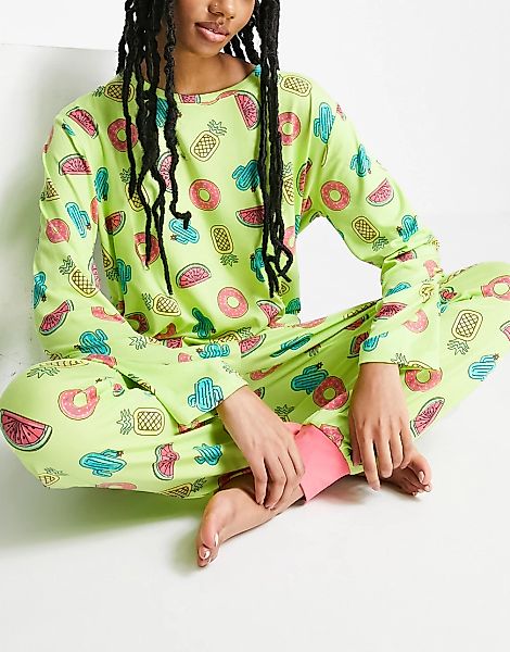 Chelsea Peers – Pyjama-Set in Grün mit tropischem Print günstig online kaufen