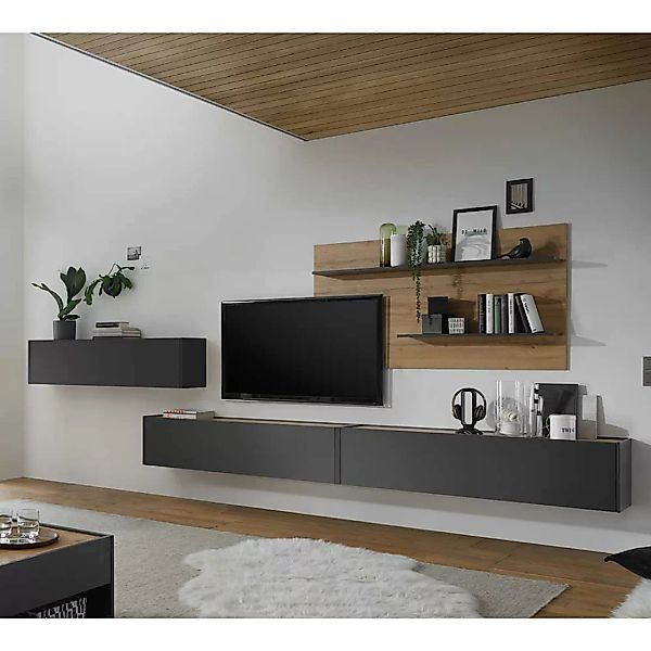 Moderne TV Wohnwand in Anthrazit und Wildeiche Optik 450 cm breit (vierteil günstig online kaufen