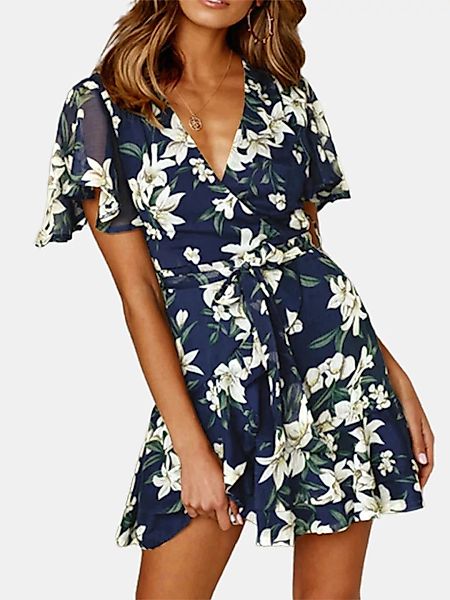 Cross Wrap Floral Print Kurzarm Mini Kleid Für Damen günstig online kaufen