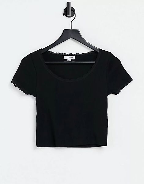 Topshop – T-Shirt in Schwarz mit Spitzenbordüre und U-Ausschnitt günstig online kaufen