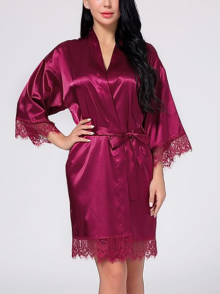 Burgunder Satin Like Lace Borten Robe Pyjamas günstig online kaufen