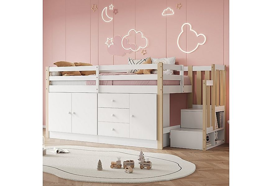 Merax Hochbett Kinderbett 90x200cm mit Stauschränken Schubladen Wäschestang günstig online kaufen