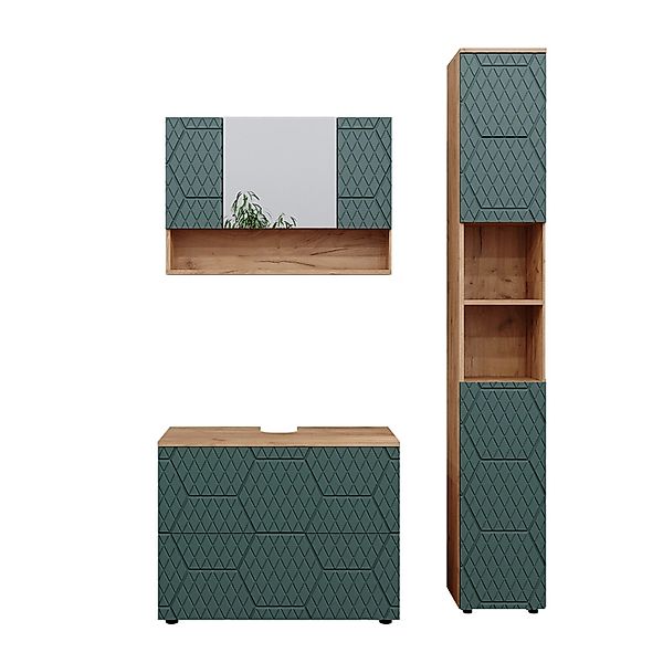 Vicco Badmöbel-Set Irma Goldkraft Eiche/Grün 3 Teile mit Spiegelschrank 80 günstig online kaufen