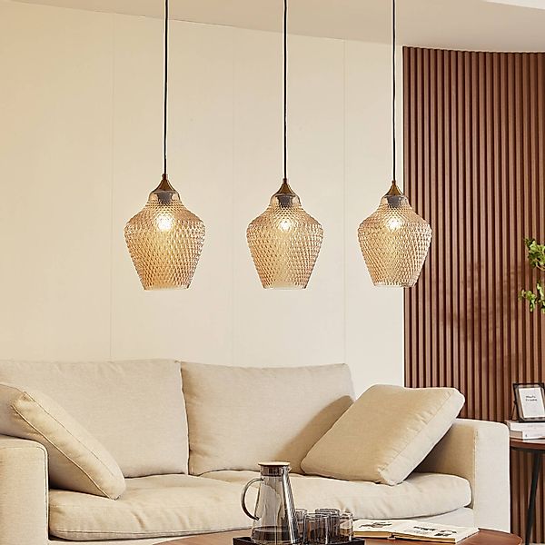 Lindby Hängeleuchte Drakar, Ø 22 cm, 3-flg., amber, Glas günstig online kaufen
