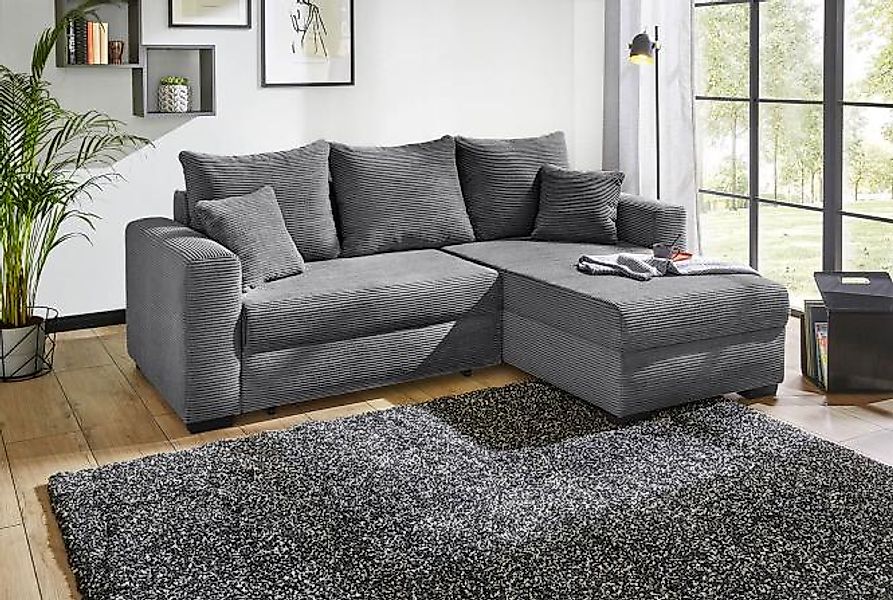 Ecksofa inkl.  Bettkästen und Kissen variabel montierbar Cord Grau günstig online kaufen