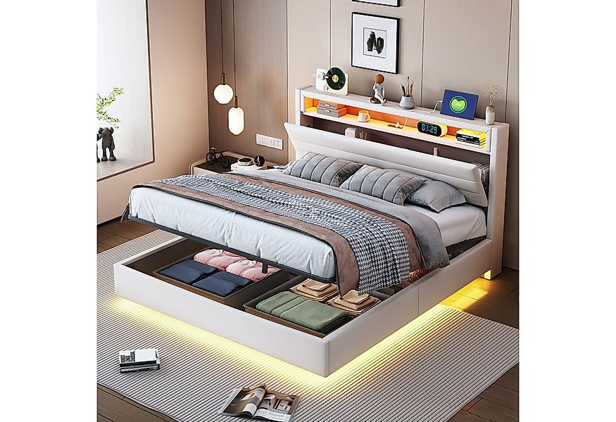 Merax Polsterbett mit hydraulischem Stauraum, Wendekopfteil und Ablagefach günstig online kaufen