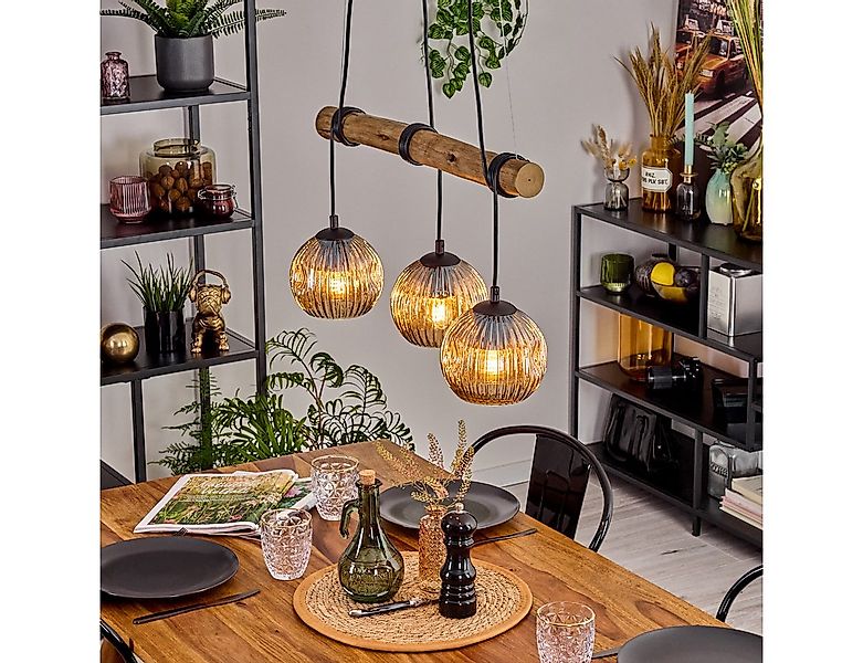 hofstein Pendelleuchte Hängelampe aus Metall/Holz/Riffelglas in Schwarz/Nat günstig online kaufen