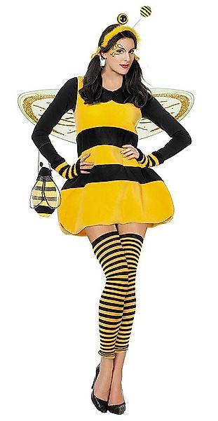 Karneval-Klamotten Kostüm Bienen Damen Bienenkleid schwarz gelb Fleece Stof günstig online kaufen