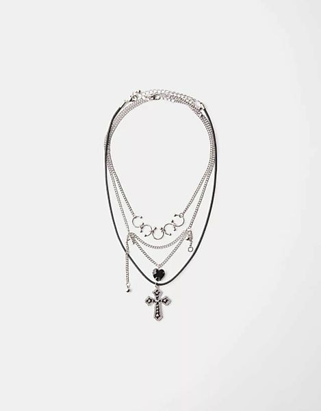 Bershka 3er-Pack Halsketten Mit Kreuz Und Herz Aus Strass Damen Silber günstig online kaufen
