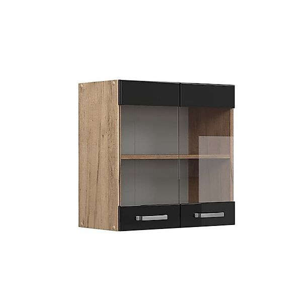 Vicco Küchenglasschrank R-Line Schwarz Hochglanz/Goldkraft Eiche 60 cm günstig online kaufen