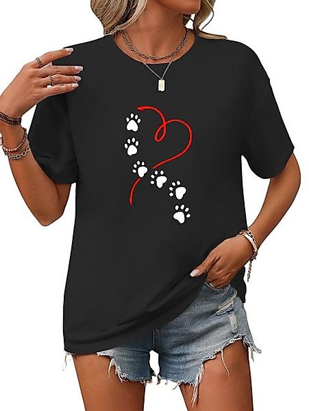 PYL Kurzarmshirt Damen Sommer Kurzarmbluse Locker Fußabdrücke und Herz Prin günstig online kaufen