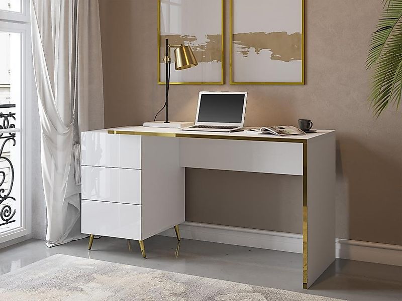 Schreibtisch mit Schubladen - Weiß glänzend & Goldfarben - MARZIALO günstig online kaufen