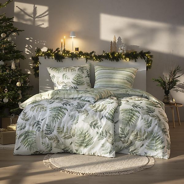 Estella Flanell Bettwäsche Fern leaves 4469-530 Blatt Streifen 135x200 günstig online kaufen