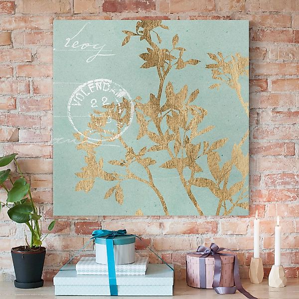 Leinwandbild - Quadrat Goldene Blätter auf Turquoise II günstig online kaufen