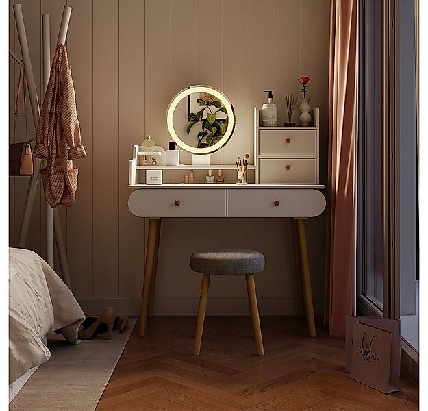 Vicco Schminktisch Edda, Weiß, 100 cm mit LED-Spiegel und Hocker günstig online kaufen