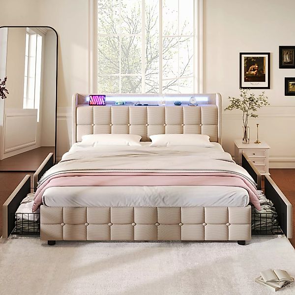 Bettgestell 140x200 Doppelbett 140x200 mit USB, 4 geräumige Schubladen, Ein günstig online kaufen
