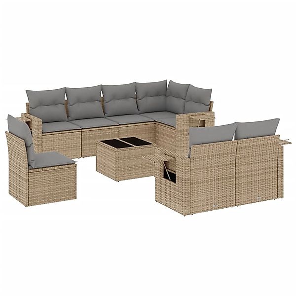 vidaXL 9-Tlg Garten-Sofagarnitur mit Kissen Beige Poly Rattan 3252786 günstig online kaufen