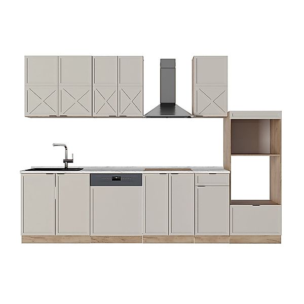 Vicco Fame-Line Küchenzeile GrauBeige/Goldkraft Eiche 300 cm mit Hochschran günstig online kaufen