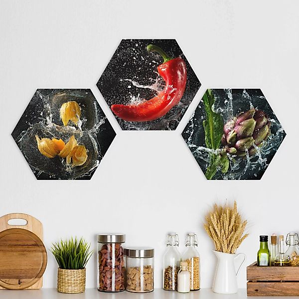 3-teiliges Hexagon-Alu-Dibond Bild Paprika Artischocke Physalis Splash günstig online kaufen