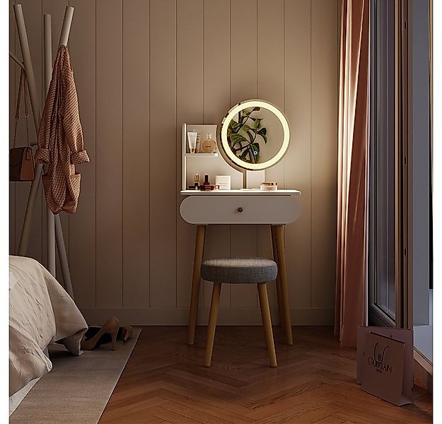 Vicco Schminktisch Edda, Weiß, 60 cm mit LED-Spiegel und Hocker günstig online kaufen