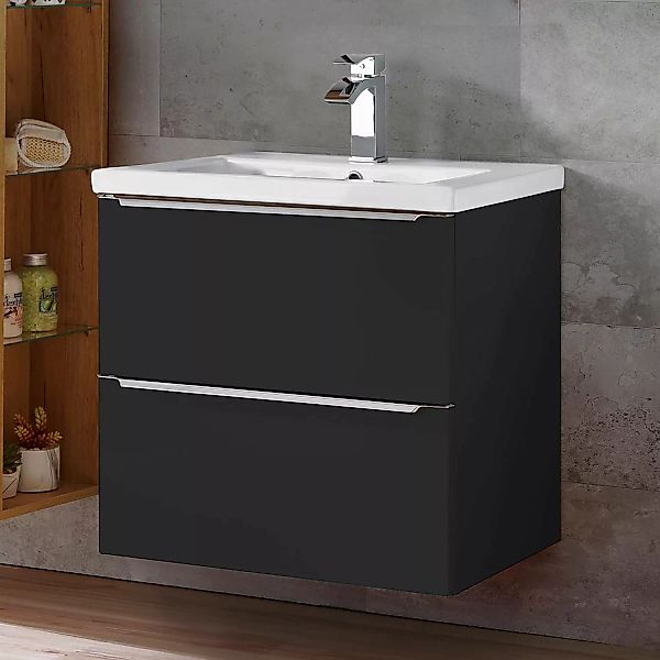 Badezimmermöbel Set mit 60cm Keramik-Waschtisch TOSKANA-BLACK-56 seidenmatt günstig online kaufen