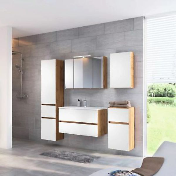 Lomadox Badmöbel Set Komplett LOUROSA-03 in Wotaneiche Nb. mit matt weiß, i günstig online kaufen