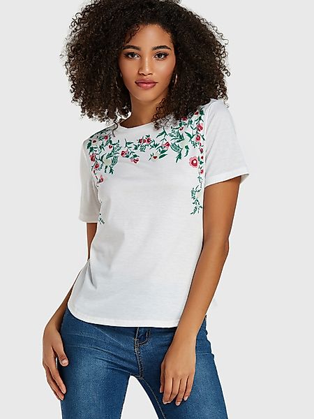 Weißes Blatt Blumendruck T-Shirt Kurzarm T-Shirt günstig online kaufen