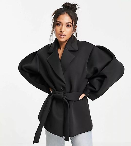 ASOS DESIGN Petite – Neopren-Jacke mit extremen Ärmeln in Schwarz-Grau günstig online kaufen