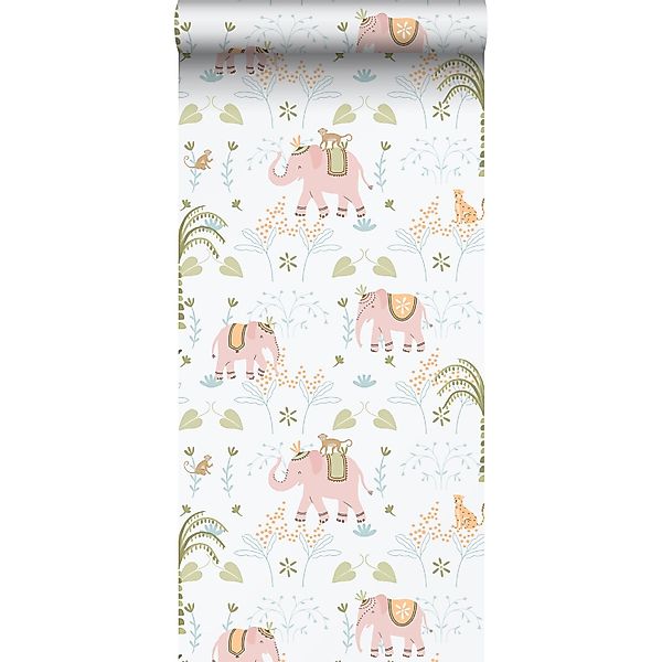Sanders & Sanders Tapete Elefanten Rosa Grün und Weiß 53 cm x 10.05 m günstig online kaufen