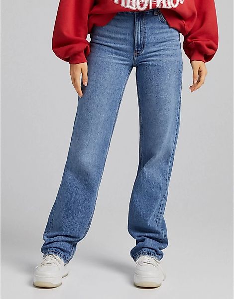 Bershka – Dad-Jeans in Mittelblau mit hohem Bund günstig online kaufen