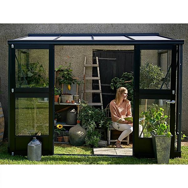 Juliana Anlehn-Gewächshaus Veranda 4,4 m² 3 mm ESG Anthrazit-Schwarz günstig online kaufen