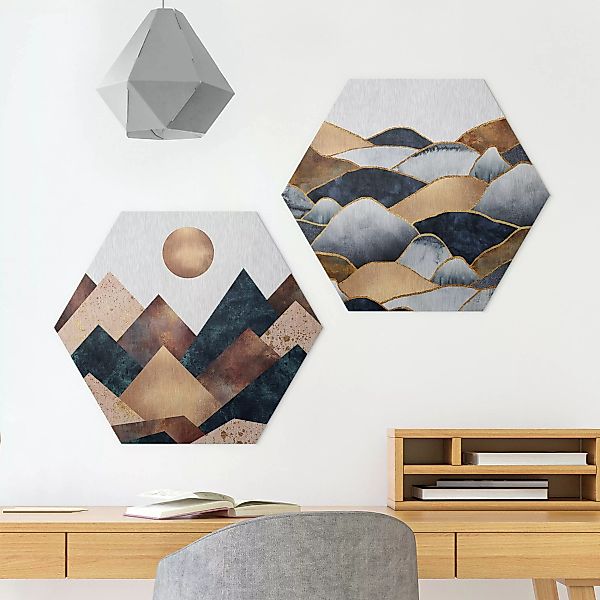 2-teiliges Hexagon-Alu-Dibond Bild Geometrische & Goldene Berge Aquarell günstig online kaufen