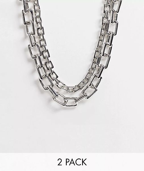 ASOS DESIGN – Silberfarbene Halsketten mit eckigen Gliedern im 2er-Pack günstig online kaufen
