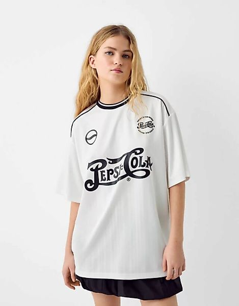 Bershka Sportliches T-Shirt Mit Kurzen Ärmeln Pepsi Damen L Weiss günstig online kaufen