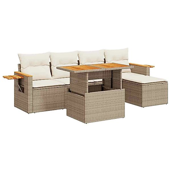 vidaXL 6-Tlg Garten-Sofagarnitur mit Kissen Beige Poly Rattan Akazie 332758 günstig online kaufen