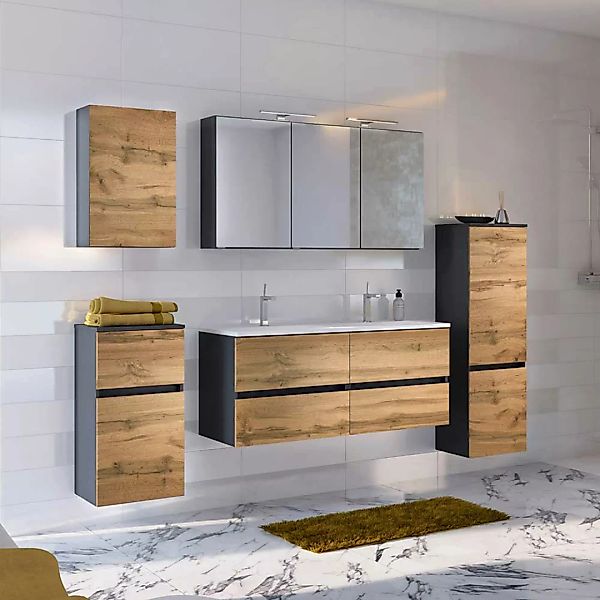 Design Badezimmer Set mit Doppel Waschtisch Wildeiche Optik und Anthrazit ( günstig online kaufen