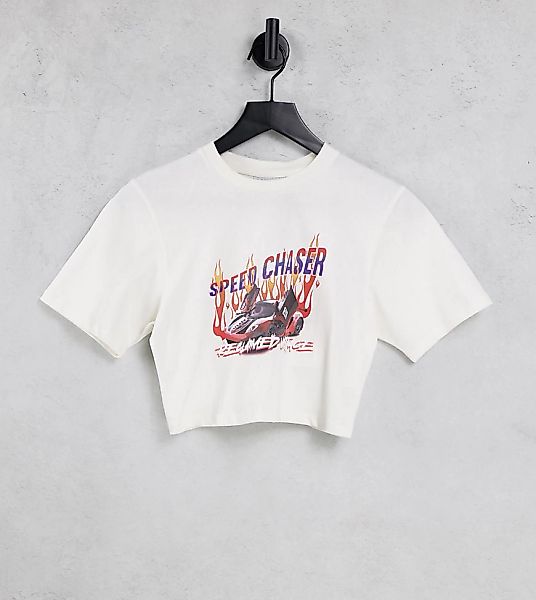 Reclaimed Vintage Inspired – T-Shirt in Ecru mit kurzem Schnitt und Autopri günstig online kaufen