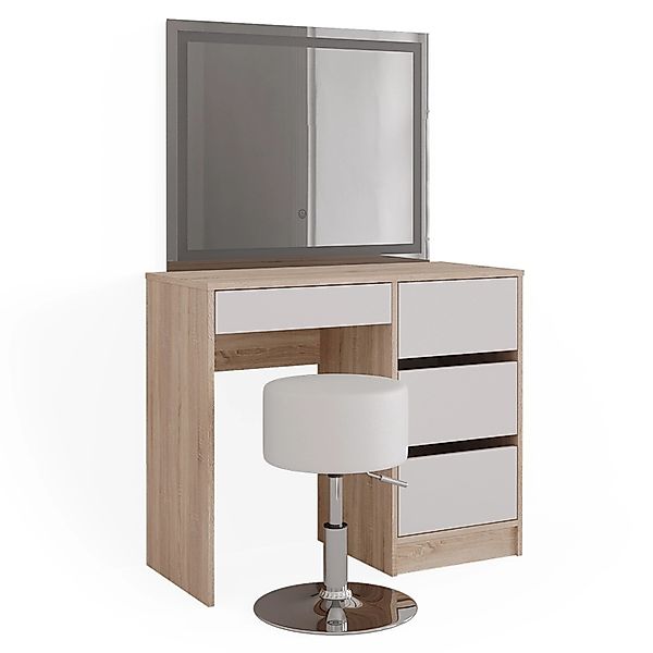 Vicco Schminktisch Sherry Sonoma/Weiß 90 cm mit LED-Spiegel und Hocker günstig online kaufen
