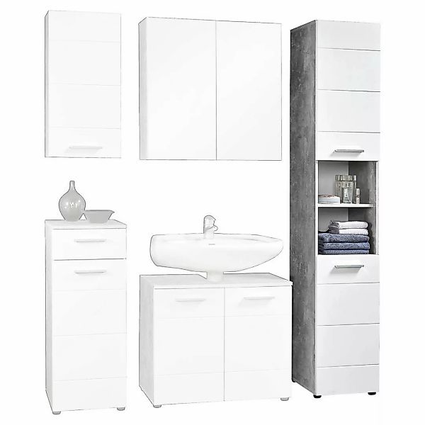 Badhochschrank Stockholm Beton Optik weiß Hochglanz B/H/T: ca. 35x191x35 cm günstig online kaufen