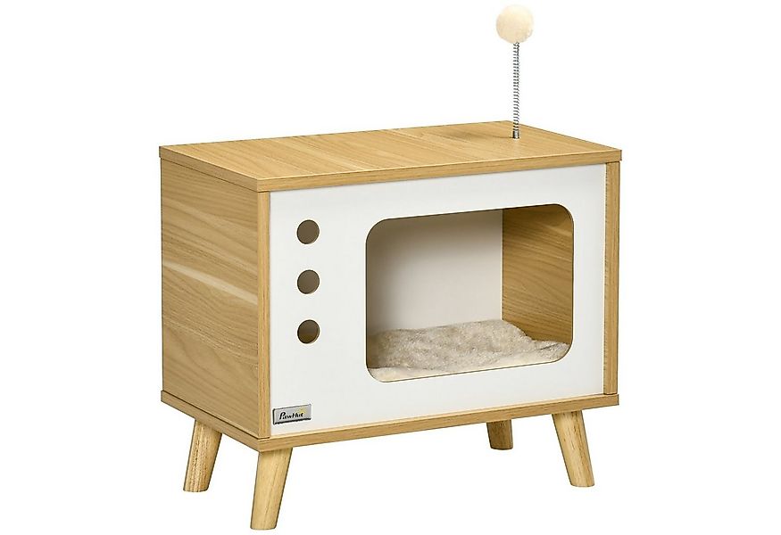 PawHut Tierhaus imTV-Design inkl. Spielzeug, waschbares Kissen, Eiche+Beige günstig online kaufen