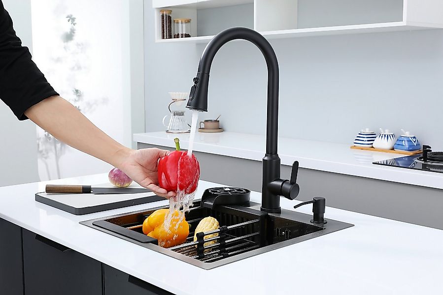 Faizee Home Edelstahlspüle Küchenspüle Schwarz mit Wave-Armatur & Zubehör 4 günstig online kaufen